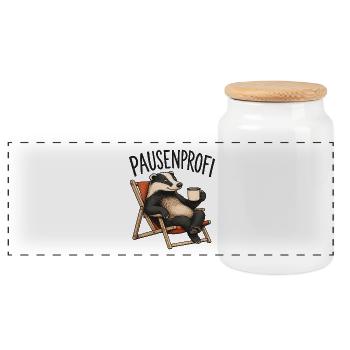Pausenprofi Badger mit Kaffee - Panorama Keksdose mit Holzdeckel - Weiß - Vorne
