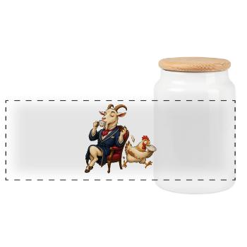 Ziege als Gentleman bei Tee mit hektischem Huhn - Panorama Keksdose mit Holzdeckel - Weiß - Vorne