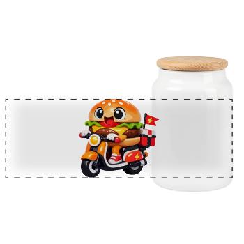 Kawaii Burger auf dem Motorrad - Panorama Keksdose mit Holzdeckel - Weiß - Vorne