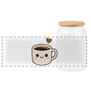Süße Kawaii-Kaffeetasse mit Herzaufkleber - Panorama Keksdose mit Holzdeckel - Weiß - Vorne