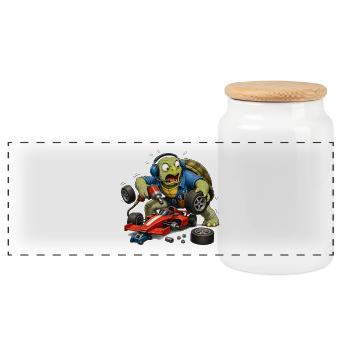 Schildkröte als Rennwagen-Mechaniker Boxenstopp - Panorama Keksdose mit Holzdeckel - Weiß - Vorne