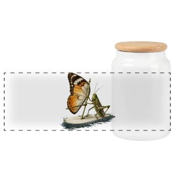 Grashüpfer auf Surfbrett mit Schmetterling Segel - Panorama Keksdose mit Holzdeckel - Weiß - Vorne
