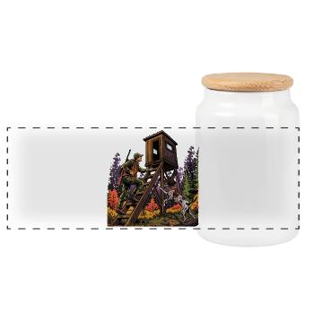 Hunter and dog at the high stand - Panoramic Cookie Jar with Wooden Lid - white - Front