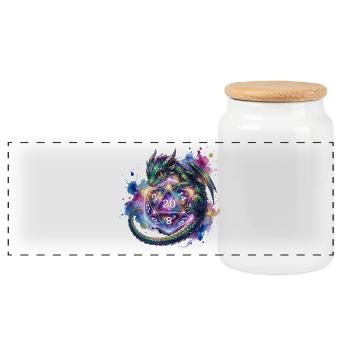 Süßer Drache mit D20 Würfel – Pen & Paper - Panorama Keksdose mit Holzdeckel - Weiß - Vorne