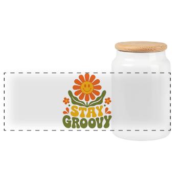 Stay Groovy – 70er Jahre Retro Blume Blüte Vektor - Panorama Keksdose mit Holzdeckel - Weiß - Vorne