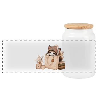 Gemütliches Kätzchen in einer Stofftasche - Panorama Keksdose mit Holzdeckel - Weiß - Vorne