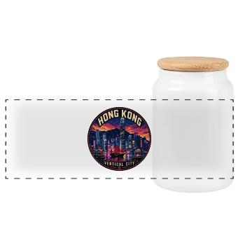 Hong Kong Skyline Vintage Reiseabzeichen - Panorama Keksdose mit Holzdeckel - Weiß - Vorne