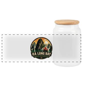 Ha Long Bay Vietnam Vintage Travel Badge - Panoramic Cookie Jar with Wooden Lid - white - Front
