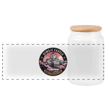 Himeji Castle Japan Vintage-Reiseabzeichen - Panorama Keksdose mit Holzdeckel - Weiß - Vorne
