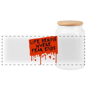 Life Begins Where Fear Ends Motivierend Zitat Logo - Panorama Keksdose mit Holzdeckel - Weiß - Vorne