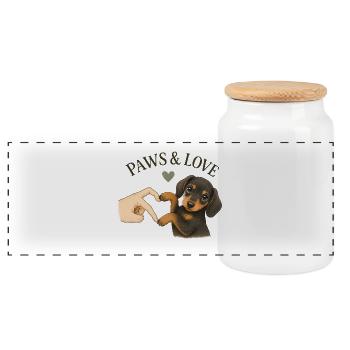 Dackel Geschenk | Süßes Hunde Design Paws & Love - Panorama Keksdose mit Holzdeckel - Weiß - Vorne