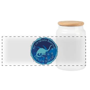 Dino Langhals Schule Abenteuer Emblem – Schulkind - Panorama Keksdose mit Holzdeckel - Weiß - Vorne