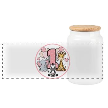 First Birthday Wildlife 1 - Panoramic Cookie Jar with Wooden Lid - white - Front