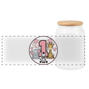 First Birthday Animal Friends Circle - Panoramic Cookie Jar with Wooden Lid - white - Front