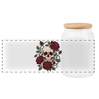 Skull & Roses – Gothic Totenkopf Blumen Design - Panorama Keksdose mit Holzdeckel - Weiß - Vorne