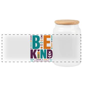 Be Kind – Buntes Typografie Statement Word Stack - Panorama Keksdose mit Holzdeckel - Weiß - Vorne