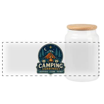 Camping verbindet – Lagerfeuer Sterne Freiheit - Panorama Keksdose mit Holzdeckel - Weiß - Vorne