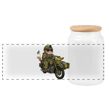 Ukraine Combat Kitten on Motorcycle (KZU) - Panoramic Cookie Jar with Wooden Lid - white - Front