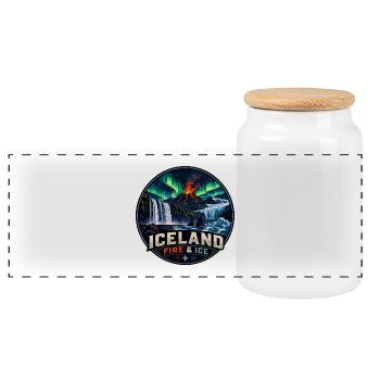 Iceland Fire and icee Vintage Travel Badge Logo - Panoramic Cookie Jar with Wooden Lid - white - Front