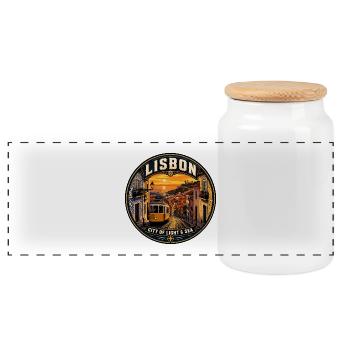Lisbon Portugal Vintage Travel Badge - Panoramic Cookie Jar with Wooden Lid - white - Front