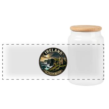 Ireland Emerald Isle Vintage Travel Badge - Panoramic Cookie Jar with Wooden Lid - white - Front