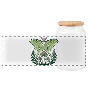 Luna Moth Mushrooms Ferns Forest Art - Panoramic Cookie Jar with Wooden Lid - white - Front