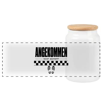Angekommen Nicht Gestoppt – Zielgerade Spruch - Panorama Keksdose mit Holzdeckel - Weiß - Vorne