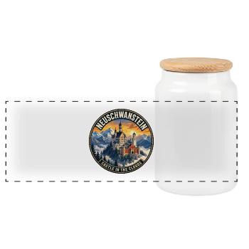 Neuschwanstein Castle Germany Vintage Badge - Panoramic Cookie Jar with Wooden Lid - white - Front