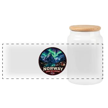 Norway Land of Fjords Vintage Badge - Panoramic Cookie Jar with Wooden Lid - white - Front