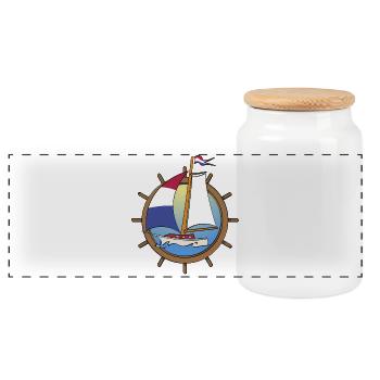 Dutch Sailboat in steering wheel - Panoramic Cookie Jar with Wooden Lid - white - Front