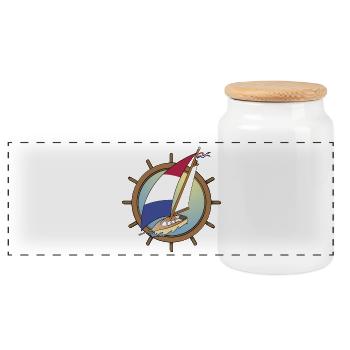 Dutch Sailboat in steering wheel - Panoramic Cookie Jar with Wooden Lid - white - Front