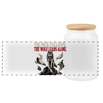 The Wolf Leads Alone Lone Wolf Gym Motivation Tee - Panoramic Cookie Jar with Wooden Lid - white - Front