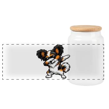 Dabbing Papillon in Comic Style - Panoramic Cookie Jar with Wooden Lid - white - Front