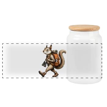 Vintage Squirrel Explorer Hiker - Panoramic Cookie Jar with Wooden Lid - white - Front