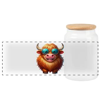 Cooles Highland Rind mit Sonnenbrille – Comic - Panorama Keksdose mit Holzdeckel - Weiß - Vorne