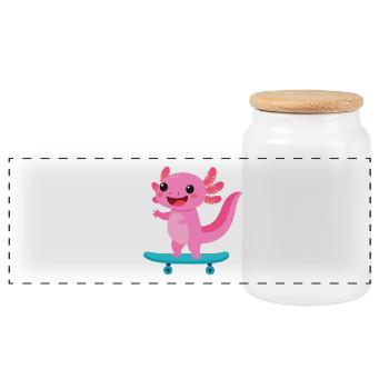 Kawaii Axolotln on Skateboard – Cute Animal - Panoramic Cookie Jar with Wooden Lid - white - Front