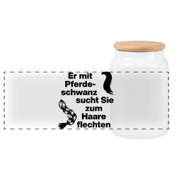 ER MIT PFERDESCHWANZ SUCHT SIE ZUM HAARE FLECHTEN - Panorama Keksdose mit Holzdeckel - Weiß - Vorne