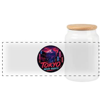Tokyo Neon Nights Vintage Travel Badge - Panoramic Cookie Jar with Wooden Lid - white - Front
