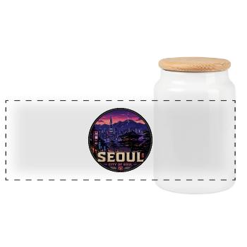 Seoul City of Soul Korea Vintage Travel Badge - Panoramic Cookie Jar with Wooden Lid - white - Front