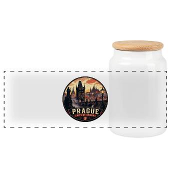 Vintage-Abzeichen der Stadt der Türme Prag - Panorama Keksdose mit Holzdeckel - Weiß - Vorne