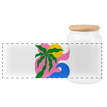 Abstract Palm Tree & Sun: Summer Design - Panoramic Cookie Jar with Wooden Lid - white - Front