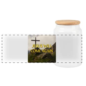 Jesus Will Come Again Mountain Cross Spiritual Gra - Panoramic Cookie Jar with Wooden Lid - white - Front