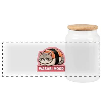 Angry Sushi Cat Salmon Nigiri Meme - Panoramic Cookie Jar with Wooden Lid - white - Front