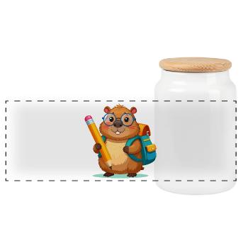 Beaver for school enrollment – start of school with pencil - Panoramic Cookie Jar with Wooden Lid - white - Front