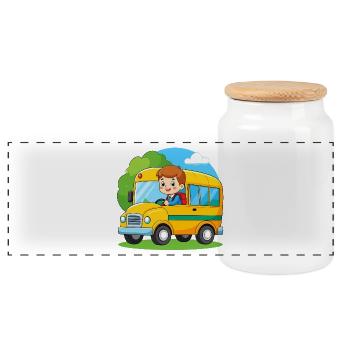 Yellow school bus for school enrolment – back-to-school bus - Panoramic Cookie Jar with Wooden Lid - white - Front