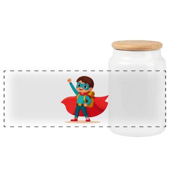 Superhero for school enrollment – Back to school with a satchel - Panoramic Cookie Jar with Wooden Lid - white - Front