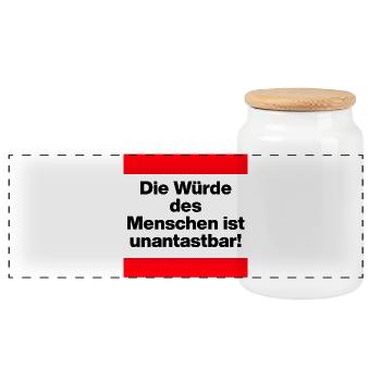 DIE WÜRDE DES MENSCHEN IST UNANTASTBAR, STATEMENT - Panorama Keksdose mit Holzdeckel - Weiß - Vorne