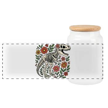 T Rex Skeleton with Flowers - Panoramic Cookie Jar with Wooden Lid - white - Front