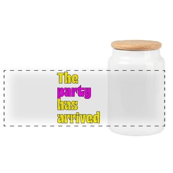 THE PARTY HAS ARRIVED, IT'S READY TO GO - Panoramic Cookie Jar with Wooden Lid - white - Front