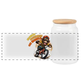 Monkey Riding BMX Bicycle Art - Panoramic Cookie Jar with Wooden Lid - white - Front